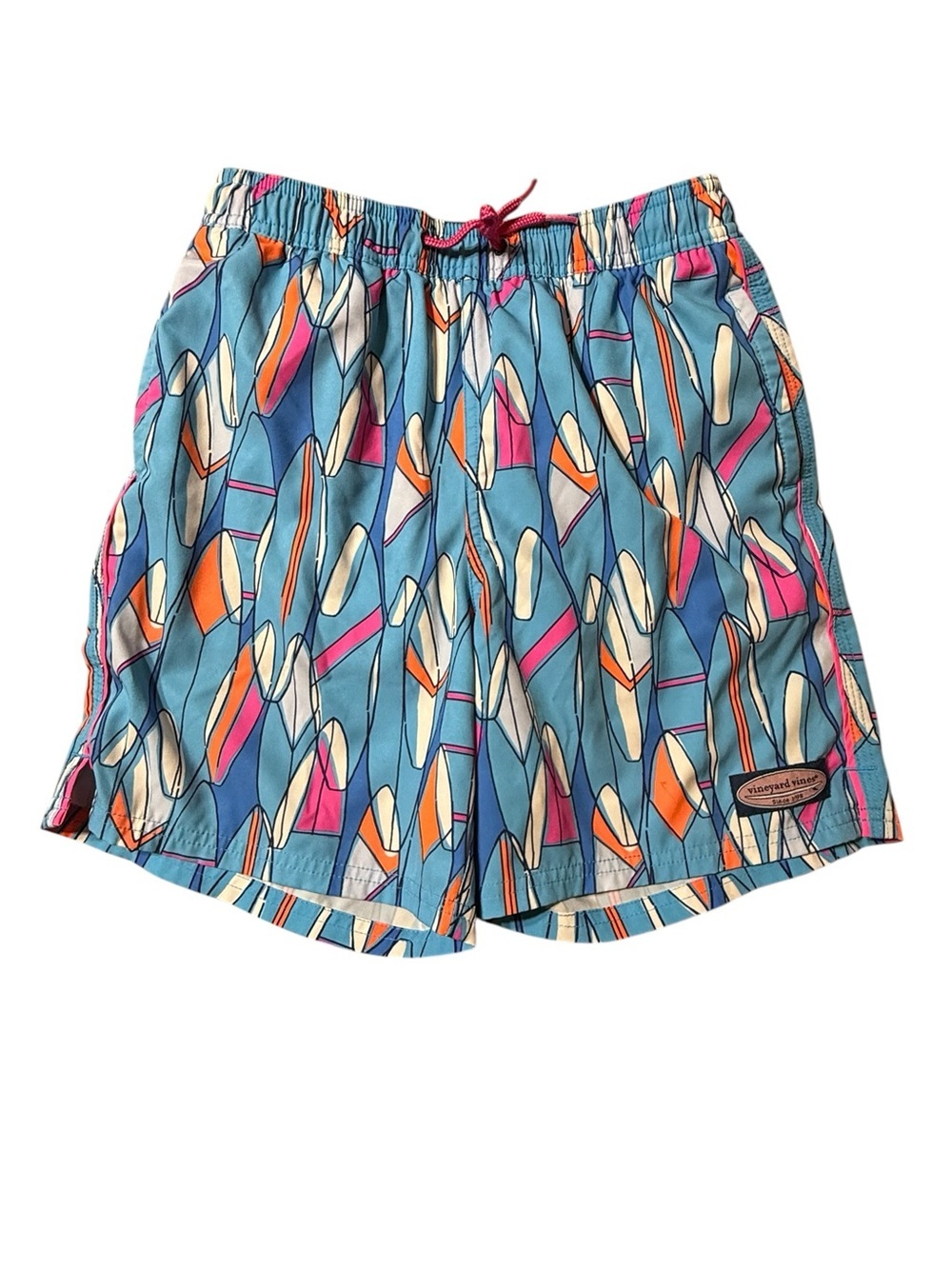 Vineyard Vines Boys M 12-14 Chappy Swim Trunks Blue Retro Surfboard Print Lined